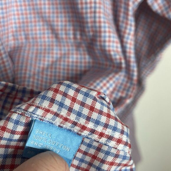 J McLaughlin Button Up Microplaid Shirt Red White Blue Mens L Preppy Americana - Picture 6 of 8